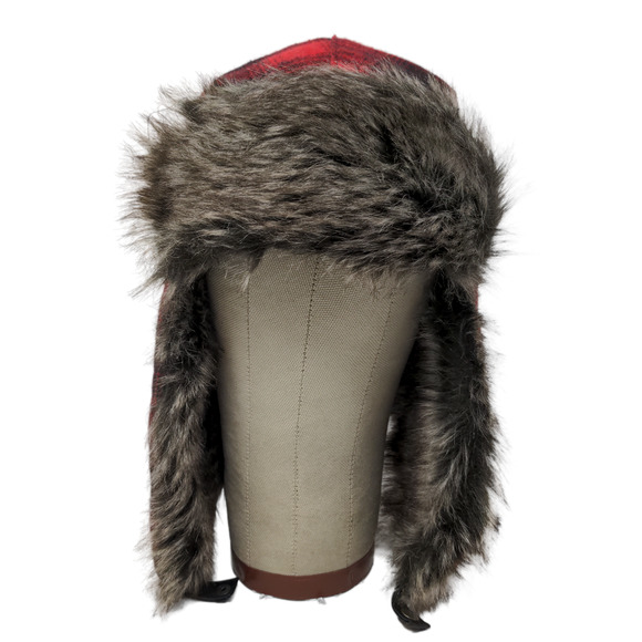 Goodfellow & Co Men's Trapper Hat Red Plaid One Size Vegan Fur Trim Ear Flaps - Picture 1 of 10